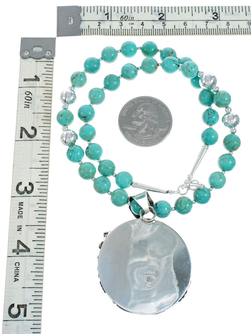 Navajo Turquoise Sterling Silver Bead Necklace And Pendant Set X11192